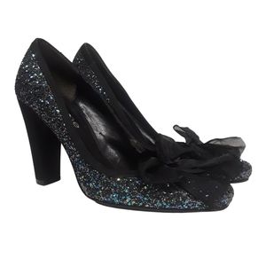 HYPE Colorful Blue Glitter Black Tulle Bow Heels Size 7